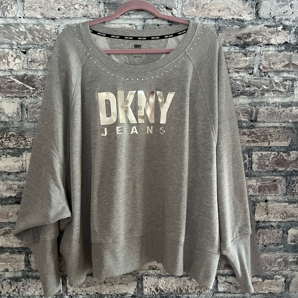 DKNY Heather Gray Top with Shiny Silver Reflective logo/silver beaded detailNWOT